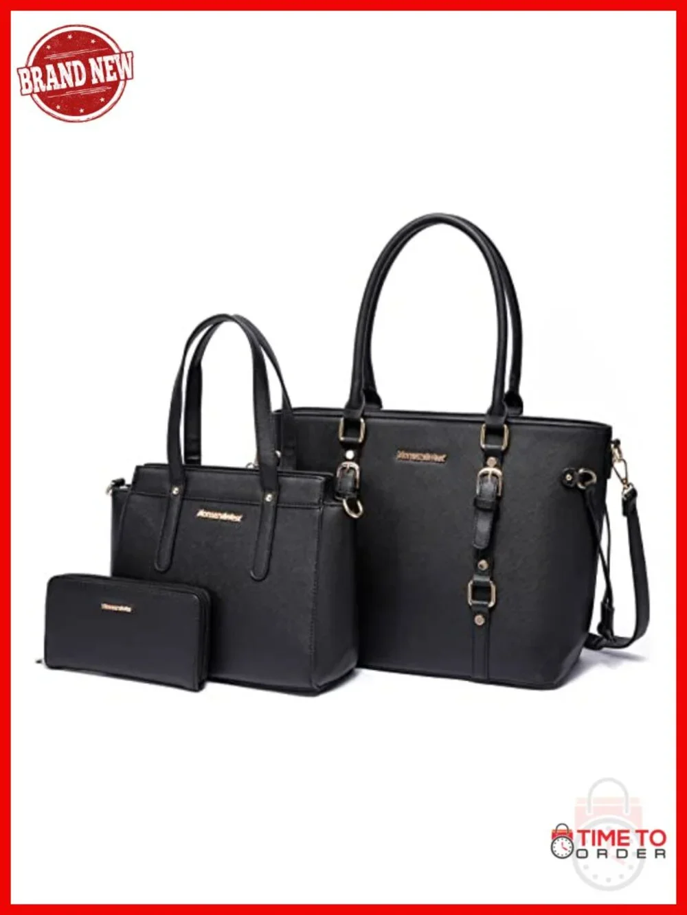 3-Piece PU Leather Tote Bag, Handbag & Wallet Set Shoulder Satchel